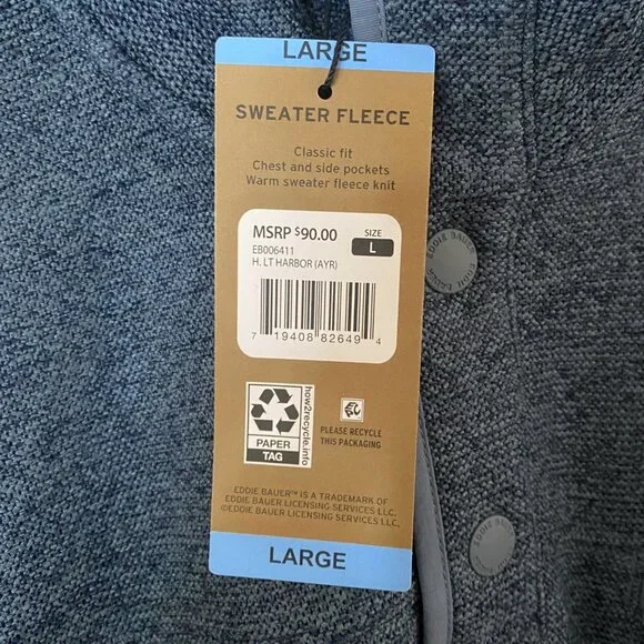 Eddie Bauer Fleece Quarter-Snap Sweater Blue Mens Large Long-Sleeve Pullover New
